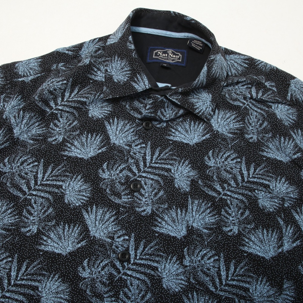 Nat Nast Button Down Shirt Mens Medium Black Blue Silk Cotton Palm Leaf Tropical